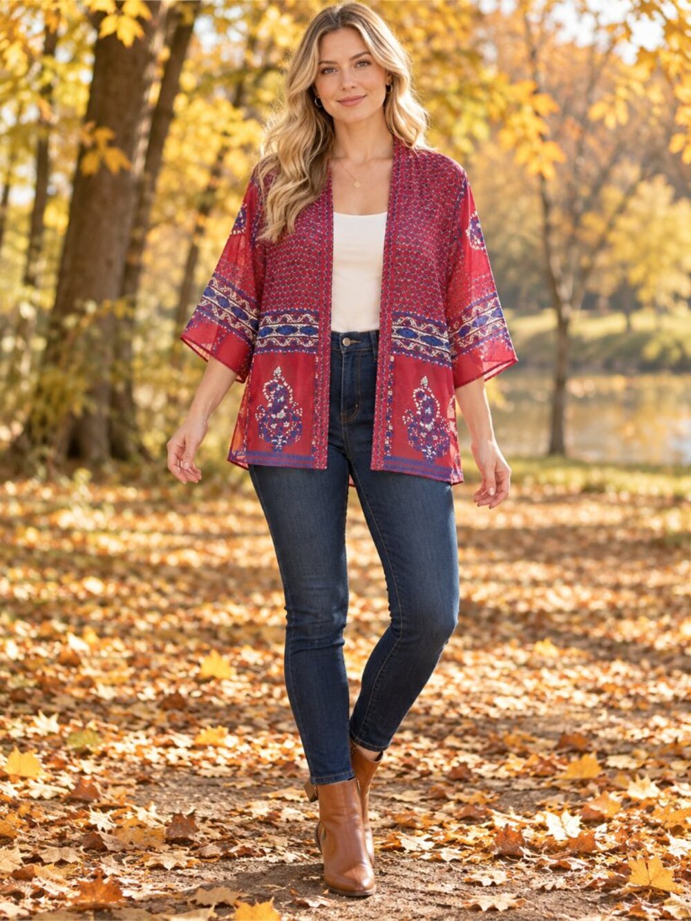 Ardene fall autumn Red Blue Paisley Floral Sheer Kimono Boho Open Front Cardigan